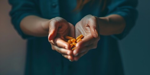 A woman is holding a handful of yellow corn chips. Concept of indulgence and enjoyment, as the woman is holding the chips in her hands, ready to eat them - obrazy, fototapety, plakaty