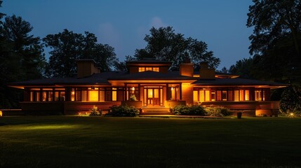 Obraz premium Illuminated historic home with large lawn and trees in the twilight, perfect for real estate advertising.