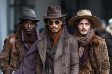 Fototapeta premium Three fashion-forward men pose with confidence in their winter attire against a blurred city backdrop