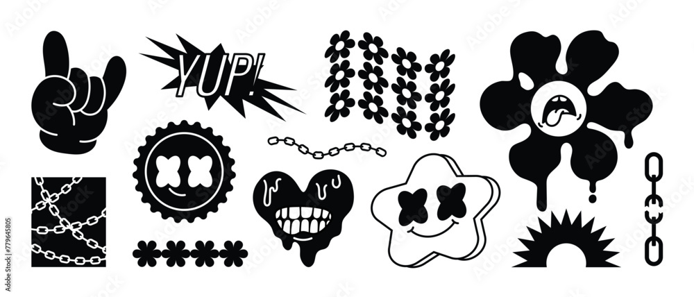 Fototapete collection of retro elements for design. abstract geometric shapes in y2k style with quote patch and