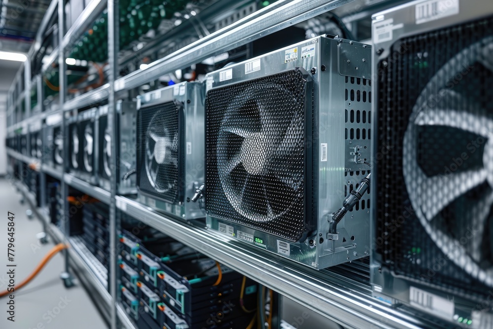 Poster a row of computer fans are lined up on a shelf. the fans are black and white and are all the same si