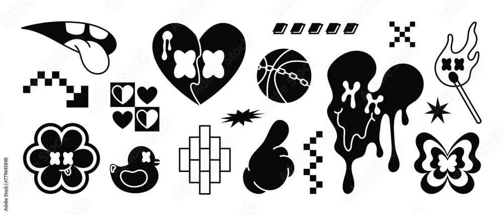 Poster collection of retro elements for design. abstract geometric shapes in y2k style with quote patch and