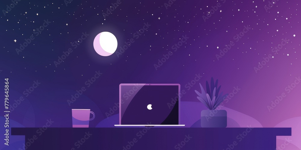 Poster A laptop is on a table with a cup of coffee next to it. The image has a purple and blue color scheme and a starry sky background. Scene is calm and relaxing