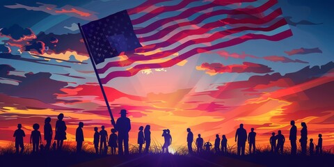A group of people are standing in a field with a large American flag in the background. The sky is filled with clouds and the sun is setting, creating a warm and peaceful atmosphere