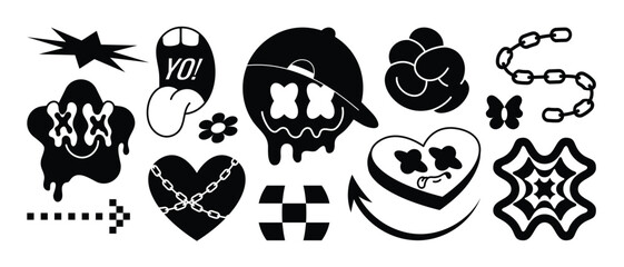 Collection of retro elements for design. Abstract geometric shapes in y2k style with quote patch and modern slang word.  
Groovy Illustration Vector Design for banners, stickers, logo, icon.
