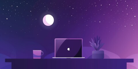 A laptop is on a table with a cup of coffee next to it. The image has a purple and blue color scheme and a starry sky background. Scene is calm and relaxing