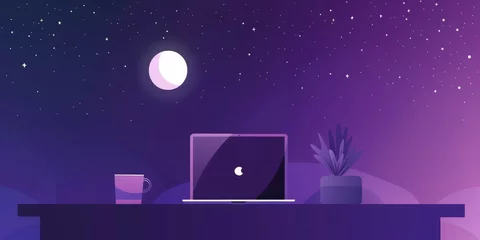 Papier Peint photo Violet A laptop is on a table with a cup of coffee next to it. The image has a purple and blue color scheme and a starry sky background. Scene is calm and relaxing