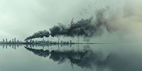 A city skyline is reflected in the water, with a large cloud of smoke in the background. Scene is somber and ominous, as the smoke and reflection suggest a disaster or tragedy has occurred