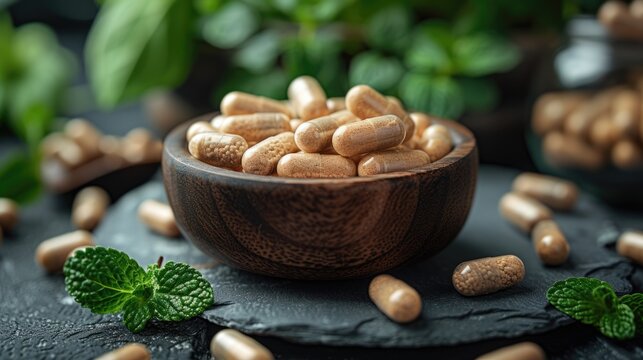 On a stone table there is a wooden bowl with pills surrounded by green plants. Herbal supplements