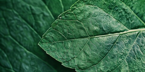 A leaf is shown in a close up, with the veins and texture of the leaf visible. The leaf is green and he is fresh and healthy