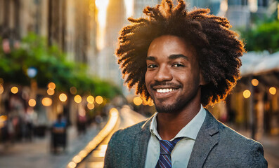 Joli jeune homme noir, coupe afro, très stylé, souriant, en costume cravate 