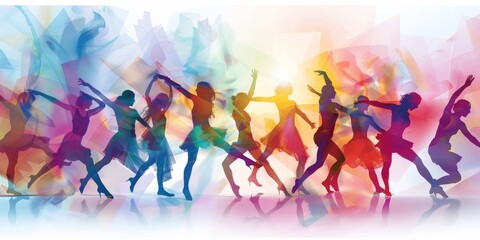 A group of women are dancing in a colorful line. Concept of joy and celebration, as the women are all dressed in bright colors and are moving in unison - obrazy, fototapety, plakaty