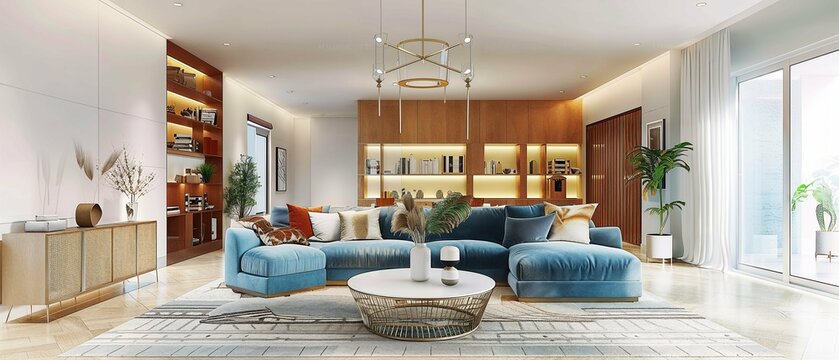Chic modern living room with soft blue couches and wooden built-in shelves illuminated by natural light