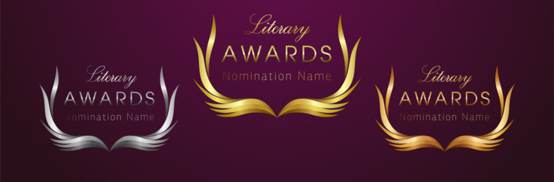 Set of creative awards. Gold, silver and bronze elements. Literary or arts award concept. Modern wreath. Digital reward. Isolated design. Prize logo concept with metallic shiny gradient. Be awarded.