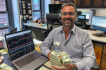 A trader holding hundreds of banknotes sits at a table with a laptop showing stock trading charts.