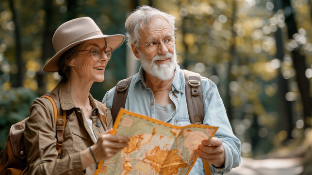 Senior couple tourist with map. Ederly family walking in forest. Hiking