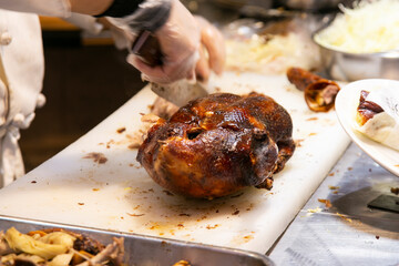 Crispy Peking duck cooked in the Chinese district of Nankinmachi in the city of Kobe in Japan.