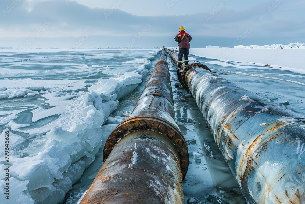Poster a man in a red jacket is standing on a frozen river. the man is looking at a pipe that is covered in