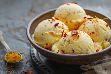 Rajasthani Shahi Kulfi a popular Indian frozen dessert with saffron dry fruits served on a plate with selective focus - obrazy, fototapety, plakaty
