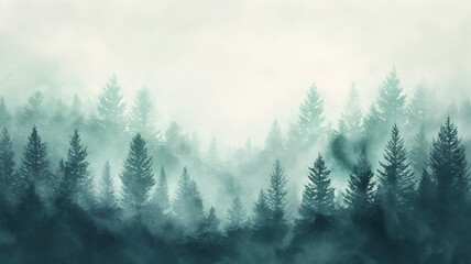 A forest with trees in the background and a misty sky