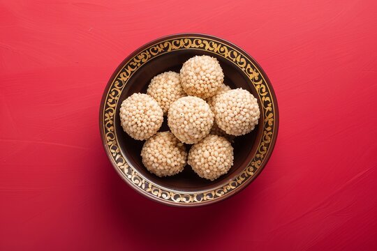 Rajgira laddu made from Amaranth seed for Makar Sankranti festival in a red bowl