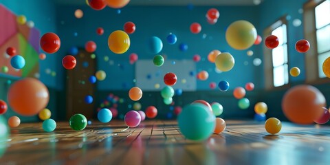 A room full of colorful balls in the air. Scene is playful and fun - obrazy, fototapety, plakaty