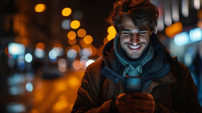 Portrait of smiling young man in the street at night using 5G smartphone