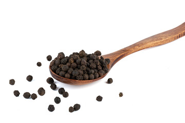 Black pepper peas in wooden spoon on white background.