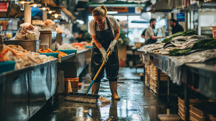 A market worker diligently mops the floor at a bustling fish market, ensuring cleanliness amidst the daily commerce. - obrazy, fototapety, plakaty