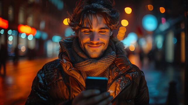 Portrait of smiling young man in the street at night using 5G smartphone