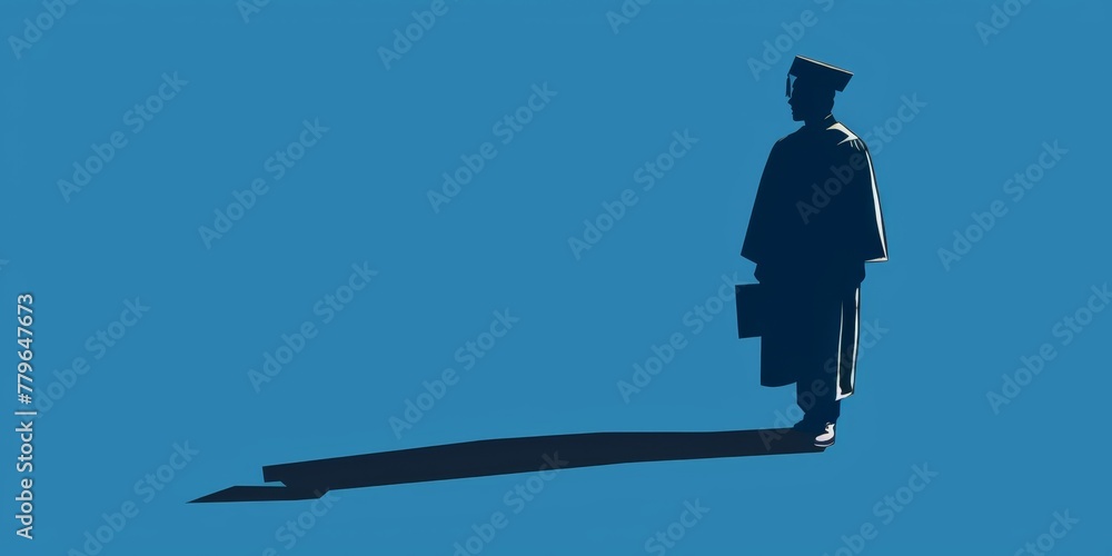 Poster a man in a graduation gown is walking with a briefcase. the image has a mood of solemnity and accomp
