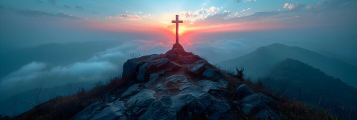 Crucifix at the Top of a Mountain with Sunlight,
Serene sunrise behind a cross on a mountain symbol of hope and faith beautiful landscape with warm light panoramic scenery in a peaceful - obrazy, fototapety, plakaty