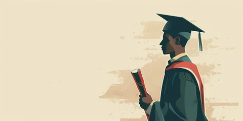 Tuinposter A man in a graduation cap and gown holding a book. Concept of a graduate's achievement and the importance of education © kiimoshi