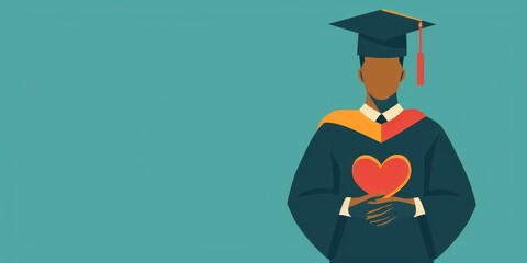 A man in a graduation gown holding a heart. Concept of love and the importance of education