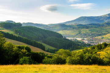 carpathian countryside scenery of ukraine on a sunny morning in summer. forest on the hills and town in the valley. borzhava mountain range in the far distance beneath bright blue sky - 779647657