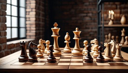A close-up view of a chess game in progress, featuring wooden pieces strategically placed on a board in a room with brick walls. AI Generation