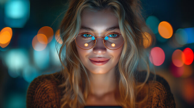 Portrait of a beautiful woman in a city at night