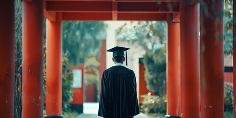 A man in a graduation gown stands in front of a red archway. Concept of accomplishment and pride as the man prepares to enter a new chapter in his life