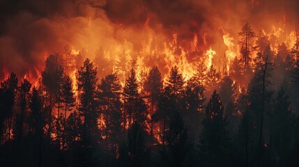 Dynamic image of a wildfire raging through a forest exacerbated by dry conditions and extreme heat - obrazy, fototapety, plakaty