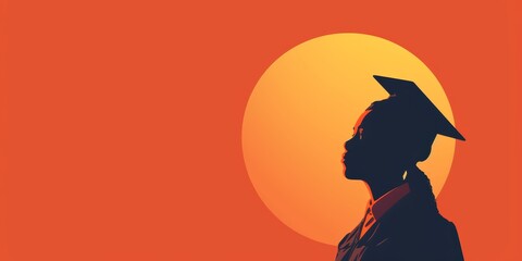 A woman in a graduation gown stands in front of a sun. Concept of accomplishment and pride, as the woman has just graduated. The orange background adds a warm and inviting tone to the image - obrazy, fototapety, plakaty