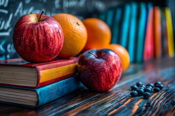 Fresh apples and citrus fruits placed on vibrant books against a chalkboard background, suggesting an educational theme