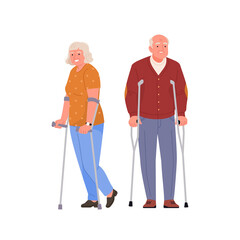 Seniors with assistive devices. Illustration in flat cartoon style of an elderly smiling man and woman in casual clothes  standing leaning on crutches. Isolated on white