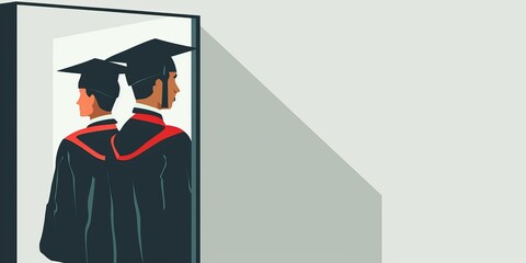Two men in graduation gowns are standing in front of a door. Concept of accomplishment and transition as the graduates prepare to enter the next phase of their lives