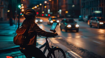 Cyclist Navigating City Streets at Night