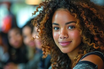 Radiant young woman with curly hair enjoying her time in a classroom setting