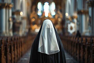 Back view of nun in church created - obrazy, fototapety, plakaty