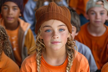 Beautiful blonde girl with braids wearing a knitted hat and showcasing enchanting blue eyes among other kids