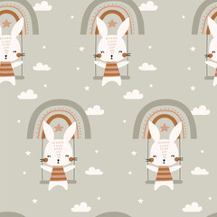 Seamless pattern with cute bunny. Vector illustration - 779649048