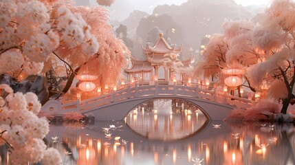 Traditional pink lantern relief mural poster background