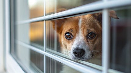 Forlorn-looking dog with big, soulful eyes peering through the slats of a window blind.